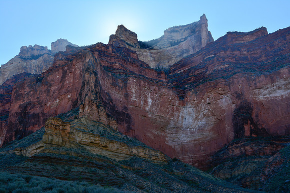 Looking up to Maricopa Point, Powell Point (blocking the sun) and Hopi Point from just east of Horn Creek