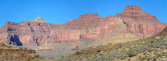Osiris Temple, Horus Temple and the Tower of Set, viewed from the Hermit Trail near the junction with the Tonto West Trail