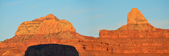 Sunset on Brahma Temple and Zoroaster Temple, with the top of Summer Butte in shadow, from Plateau Point
