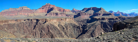 Shiva Temple, Isis Temple, Buddha Temple, Cheops Pyramid, Brahma Temple, Zoroaster Temple and Wotan's Throne from the Tonto West Trail between Salt Creek and Horn Creek