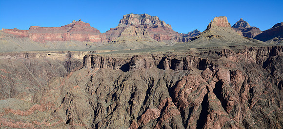 Angels Gate, Wotan's Throne, the end of the ridge running south from Krishna Shrine, and Vishnu Temple from the Tonto East Trail between Grapevine Canyon and Cottonwood Canyon