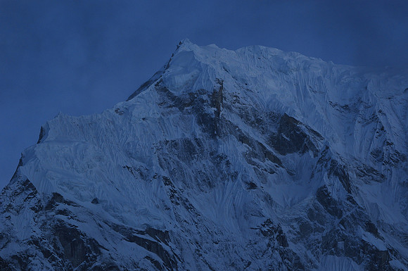 Langtang Lirung before sunrise, from the Lirung Valley