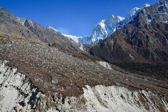 The north face of Jannu from the Ghunsa River valley below Kambachen