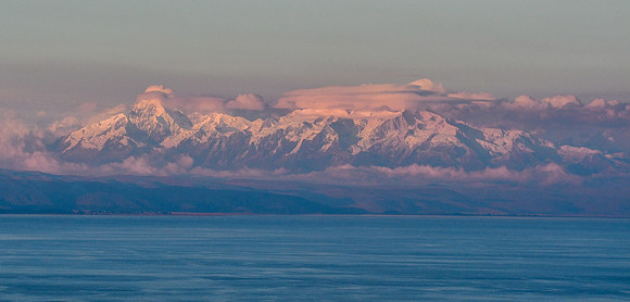 Illampu and Janq'u Uma at sunset, viewed across Lake Titicaca from the highest point on Isla del Sol