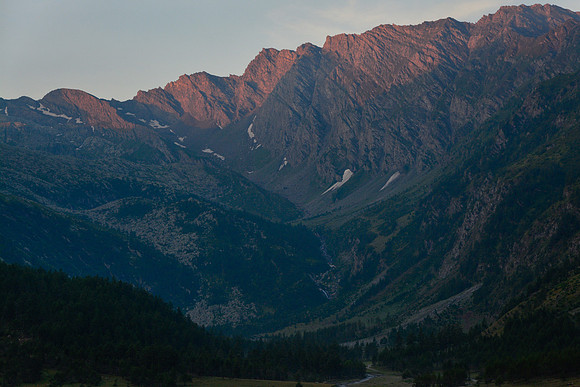Looking up the Val Pellice at sunrise from the Rifugio Willy Jervis