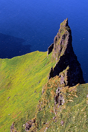 Looking down the Hornbjarg bird cliffs from Kalfatindar, Hornstrandir Nature Reserve
