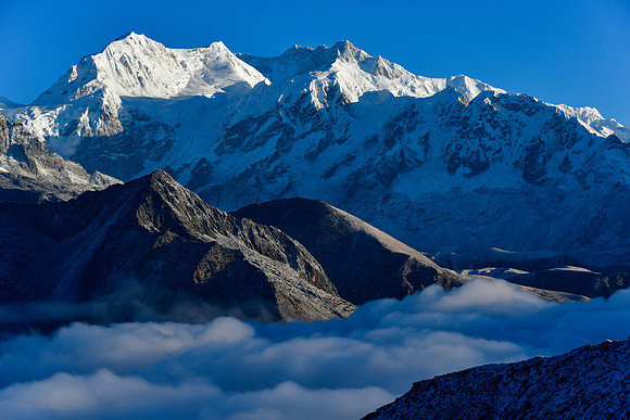 Early morning light on Kabru and Kangchenjunga from the ridge northeast of Danphebir Pass