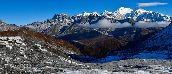 Jannu, Kokthang, Rathong, Kabru and Kangchenjunga from just north of Danphebir Pass