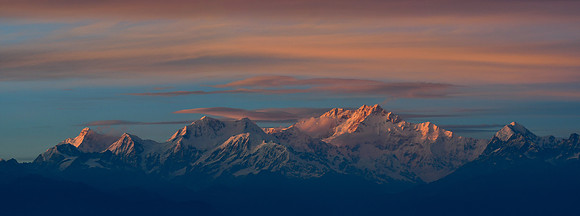 Jannu, Rathong, Kabru, Kangchenjunga and Pandim at sunset from Observatory Hill, Darjeeling