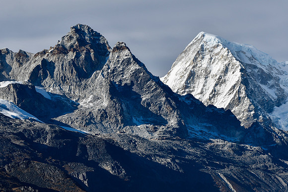 Rathong (on the right) and an unnamed rocky peak, from the ridge northeast of Panding