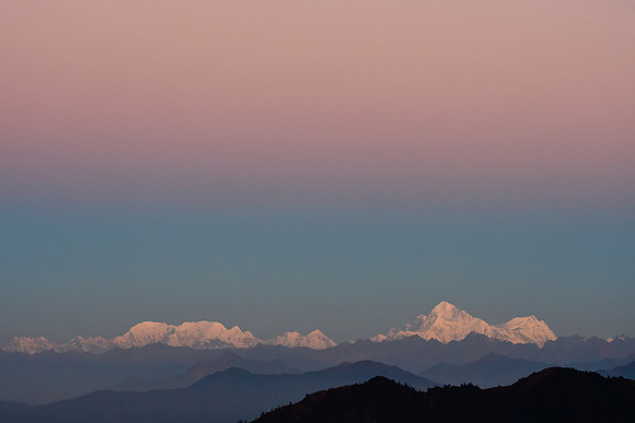 Sunrise from Dhor, with Chamlang on the left and Makalu and Chomolonzo on the right
