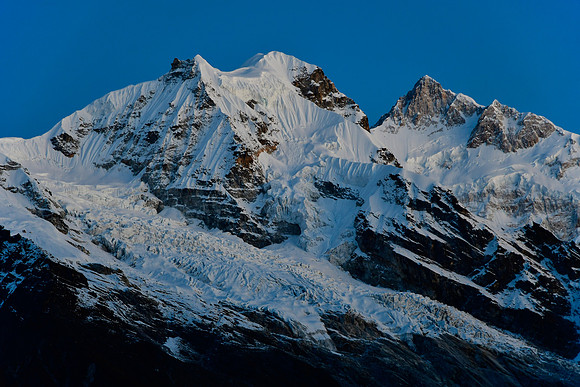 Goecha Peak and Kanchenjunga South before sunrise from a 4600 metre high point north of Samiti Lake