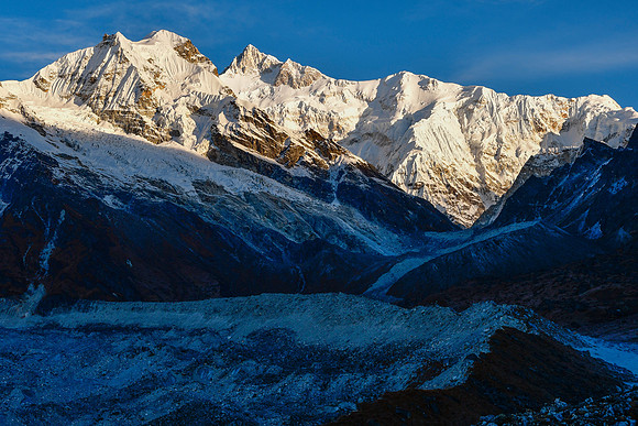 Goecha Peak and Kanchenjunga South from a high point north of Samiti Lake