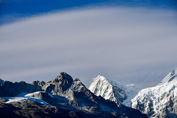 Rathong (on the right) and an unnamed rocky peak, from the ridge northeast of Panding