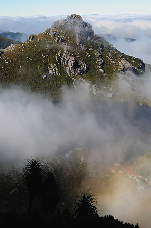 Pegasus South with Lake Oberon in the mist, Western Arthur Range, Southwest National Park
