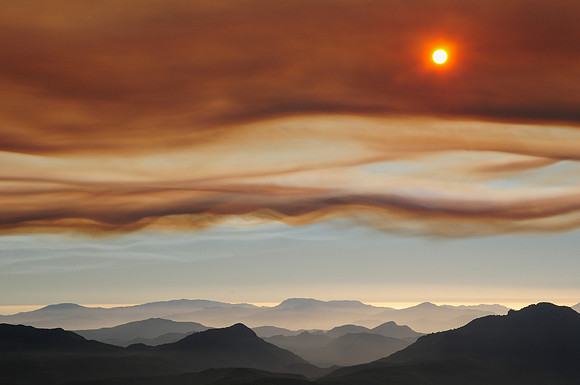 Bushfire sunset from the summit of Mount Columba, Western Arthur Range, Southwest National Park