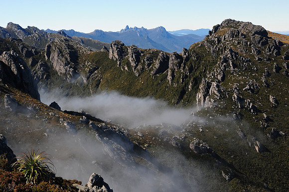 Approaching Mount Capricorn, with Federation Peak on the horizon, Western Arthur Range, Southwest National Park