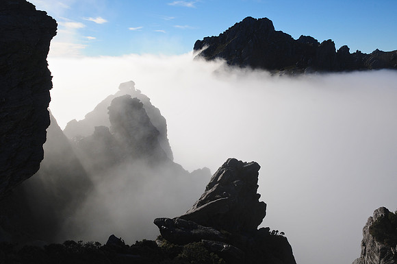 Descending into the clouds from Mount Hayes, Western Arthur Range, Southwest National Park