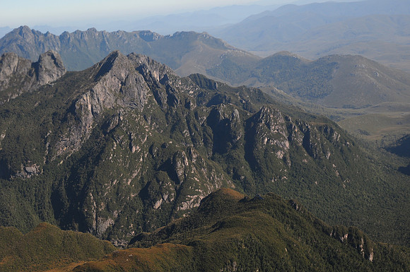 Aerial view of the Eastern Arthur Range with the Western Arthur Range in the distance, Southwest National Park
