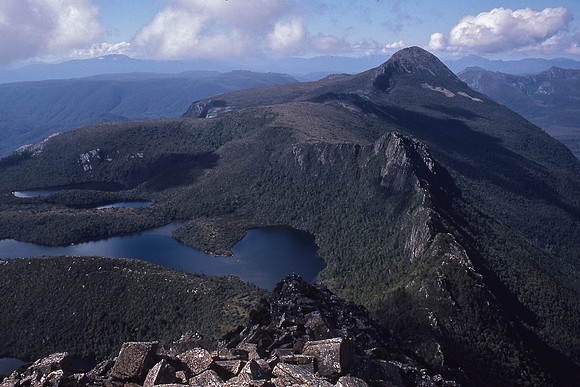 Looking down Lightning Ridge toward Judd's Charm and Mount Sarah Jane, Southwest National Park
