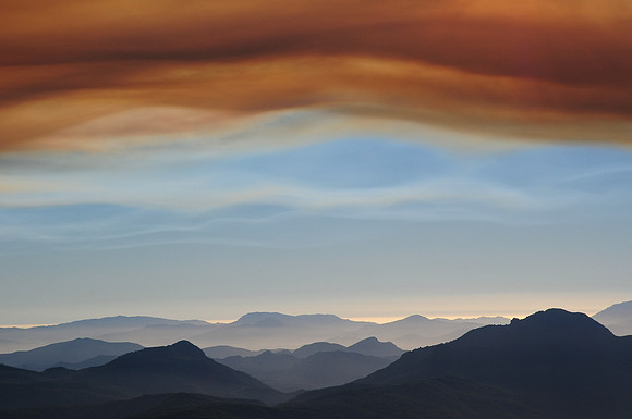 Bushfire sunset from the summit of Mount Columba, Western Arthur Range, Southwest National Park