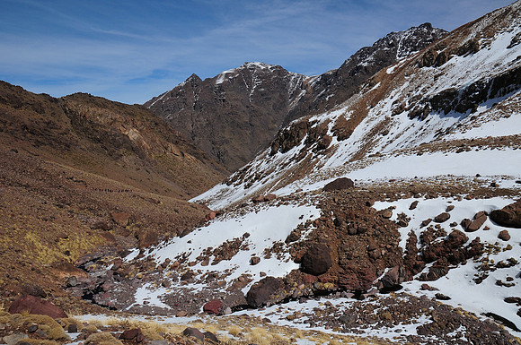 Looking back en route to the Toubkal Refuge in the Western High Atlas Mountains