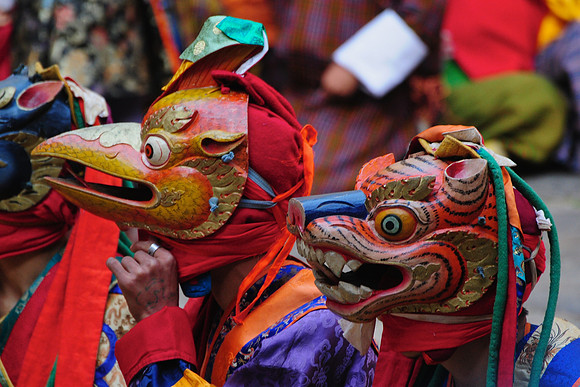 Masked dancers at the Jakar Dzong festival