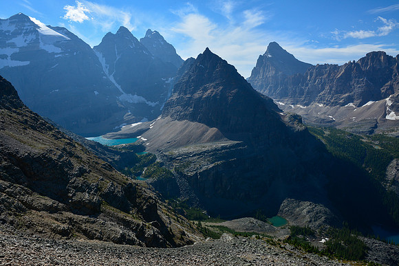Yukness Mountain from the Huber Ledges with Glacier Peak, Ringrose Peak, Hungabee Mountain and Mount Biddle behind, Lake O'Hara Alpine Circuit