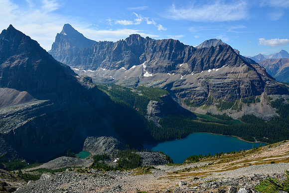 Lake O'Hara and the ridge between Mount Biddle and Mount Schaffer from the Huber Ledges, Lake O'Hara Alpine Circuit