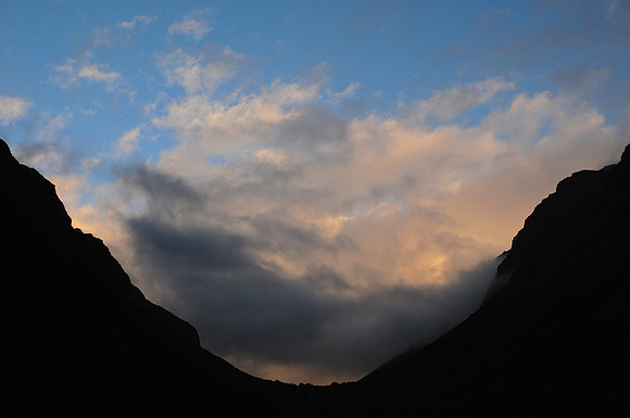 Morning clouds obscure the view of Jomolhari from Jomolhari Camp below Jangothang