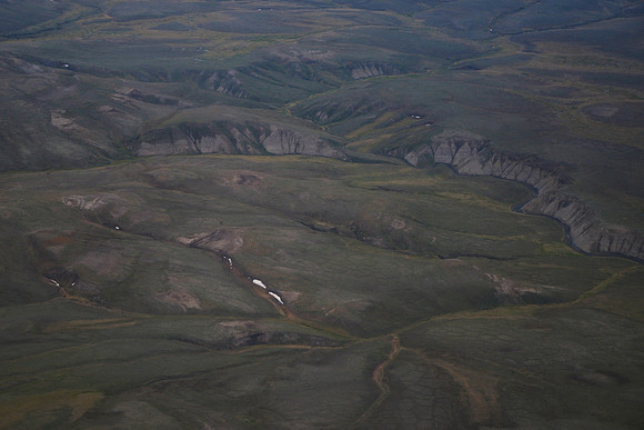 Aerial view of Banks Island at 1 a.m. on the return to Inuvik