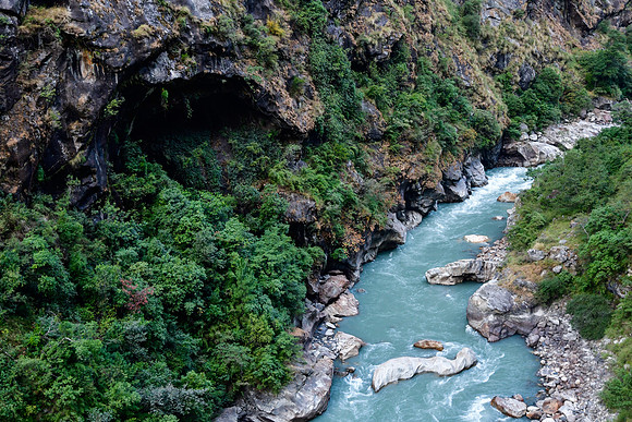 A cave beside the Budhi Gandaki a short distance below the entrance to the Tsum Valley
