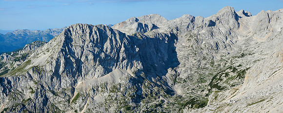 The ridge from Miselj vrh to Miseljski konec from the Planika Hut, with Debeli vrh in the distance