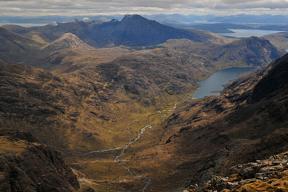 Bla Bheinn, Loch Coruisk and the Coruisk River from the summit of Sgurr na Banachdaich, Isle of Skye