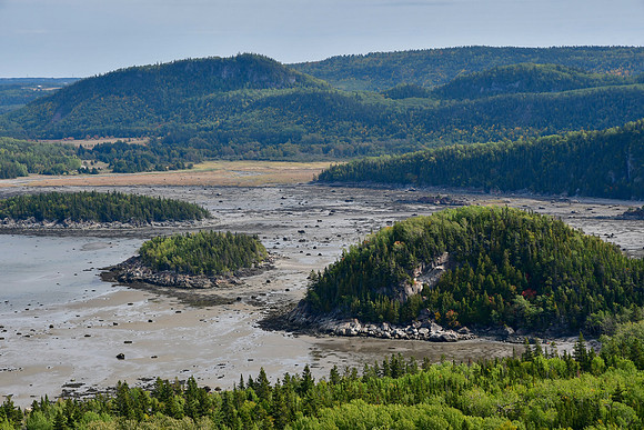 Anse à l'Orignal at low tide from the east-facing viewpoint on the Sentier de la Pinède, Parc du Bic
