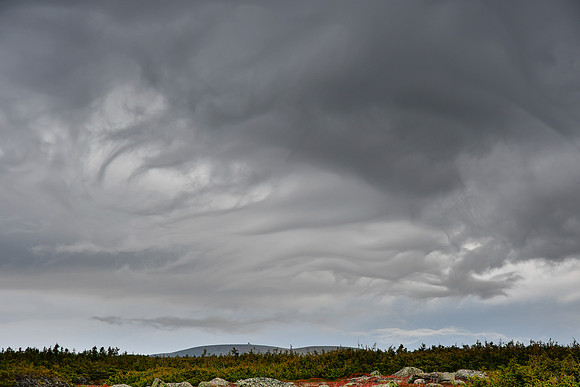 Mont Jacques-Cartier on the horizon with storm clouds above, viewed from Mont Xalibu, Parc de la Gaspésie