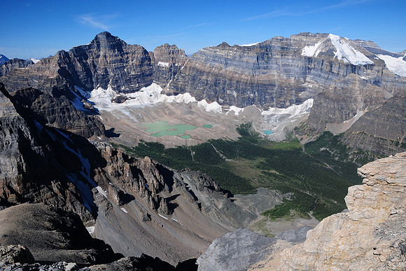 Hungabee Mountain and Paradise Valley from the southwest ridge of Mount Temple